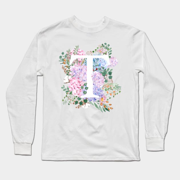 Cbotanical monogram alphabet T hydrangea flowers Long Sleeve T-Shirt by colorandcolor